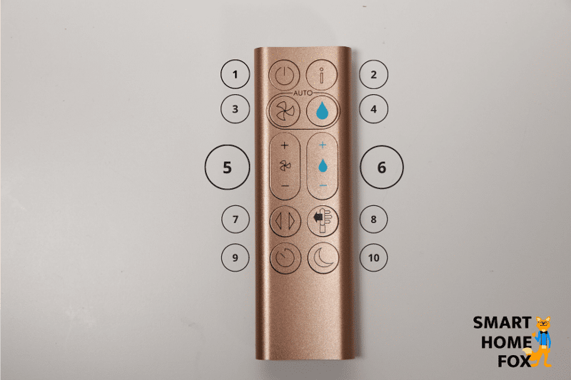 Пульт дистанционного управления очистителя воздуха Dyson Humidify+Cool Formaldehyde PH04 лежит на столе, кнопки пронумерованы от 1 до 10.